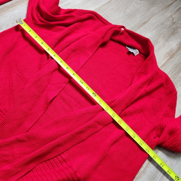 JM Collection Red Long Sleeve Open Front Cowl Neck Cardigan Petite Large Ribbed - Picture 5 of 7